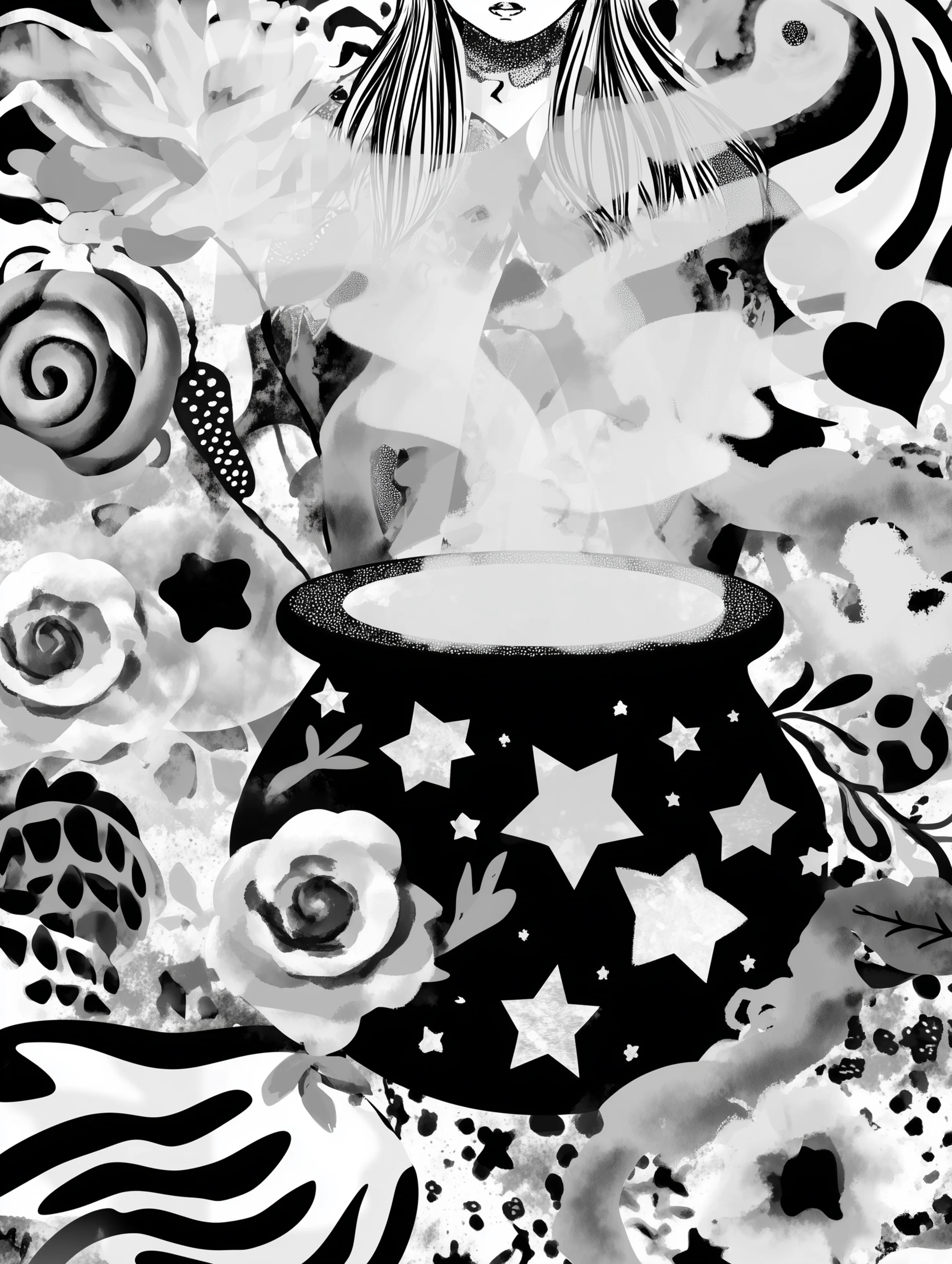 Free printable witch coloring page for adults featuring a cauldron with stars